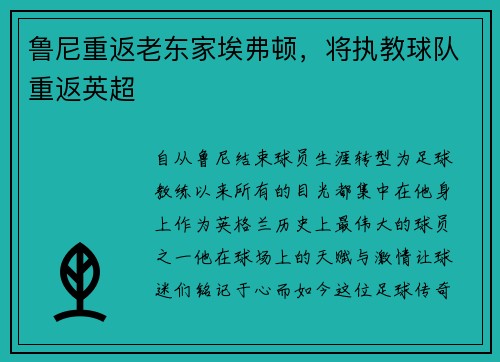 鲁尼重返老东家埃弗顿，将执教球队重返英超