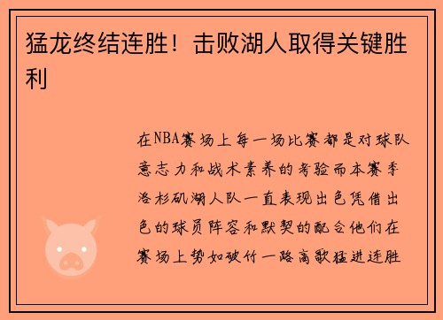 猛龙终结连胜！击败湖人取得关键胜利